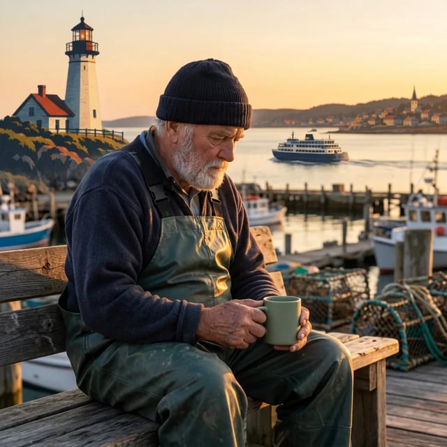 The fisherman on a harbor bench holding the sage green mug, with a white lighthouse, a red-roofed house and a ferry behind him at golden hour, by Nano Banana 2.1