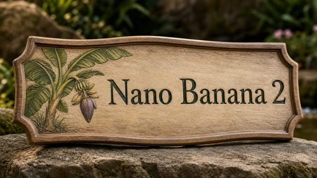 Nano Banana 2 name hand-carved and painted on an artisan wooden sign with a banana-plant illustration in a sunlit garden