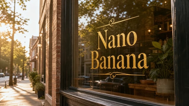 Nano Banana name hand-painted in elegant gold serif lettering on a sunlit street-corner storefront window